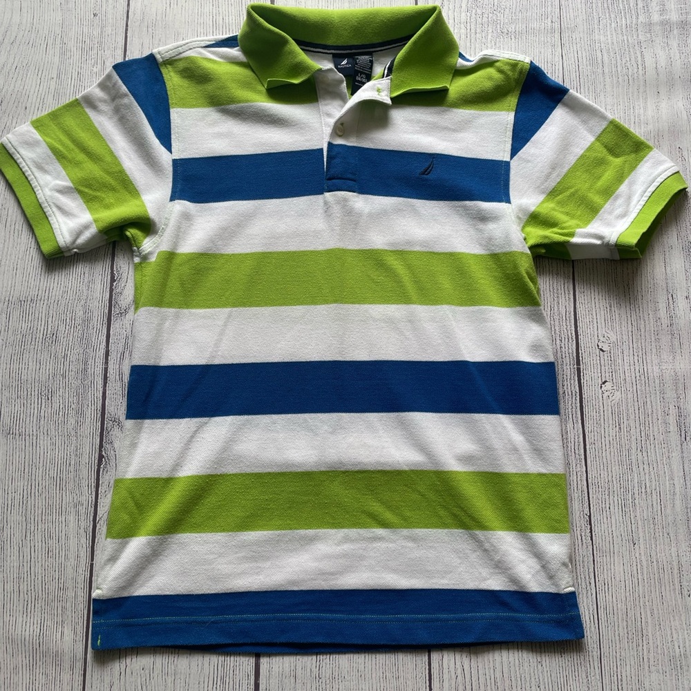 Nautica Short Sleeve Green and Blue Striped Polo Size Large (14/16)